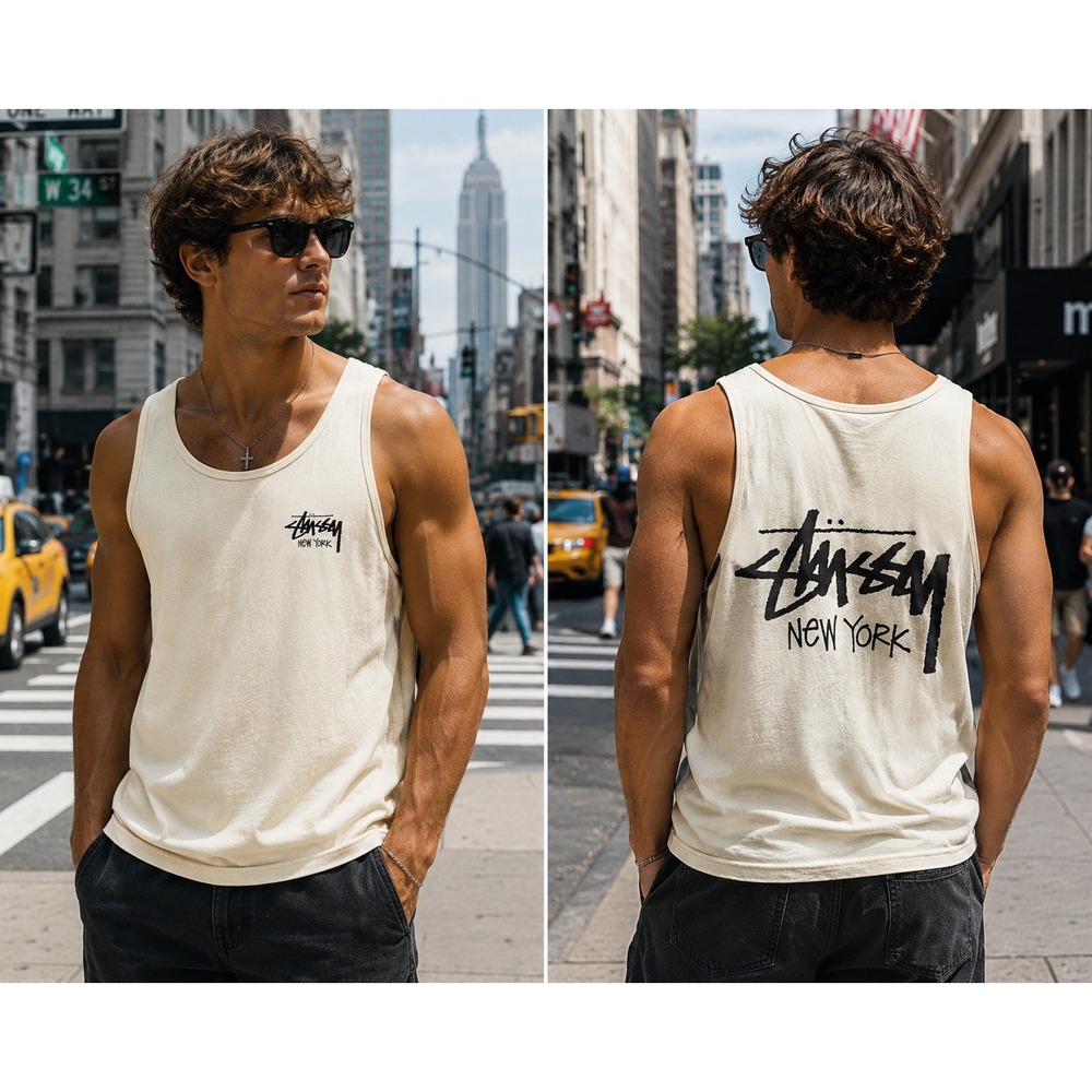 Stussy New York Tank Top Men's Large Cream Sleeveless Graphic Back Logo CUT TAG